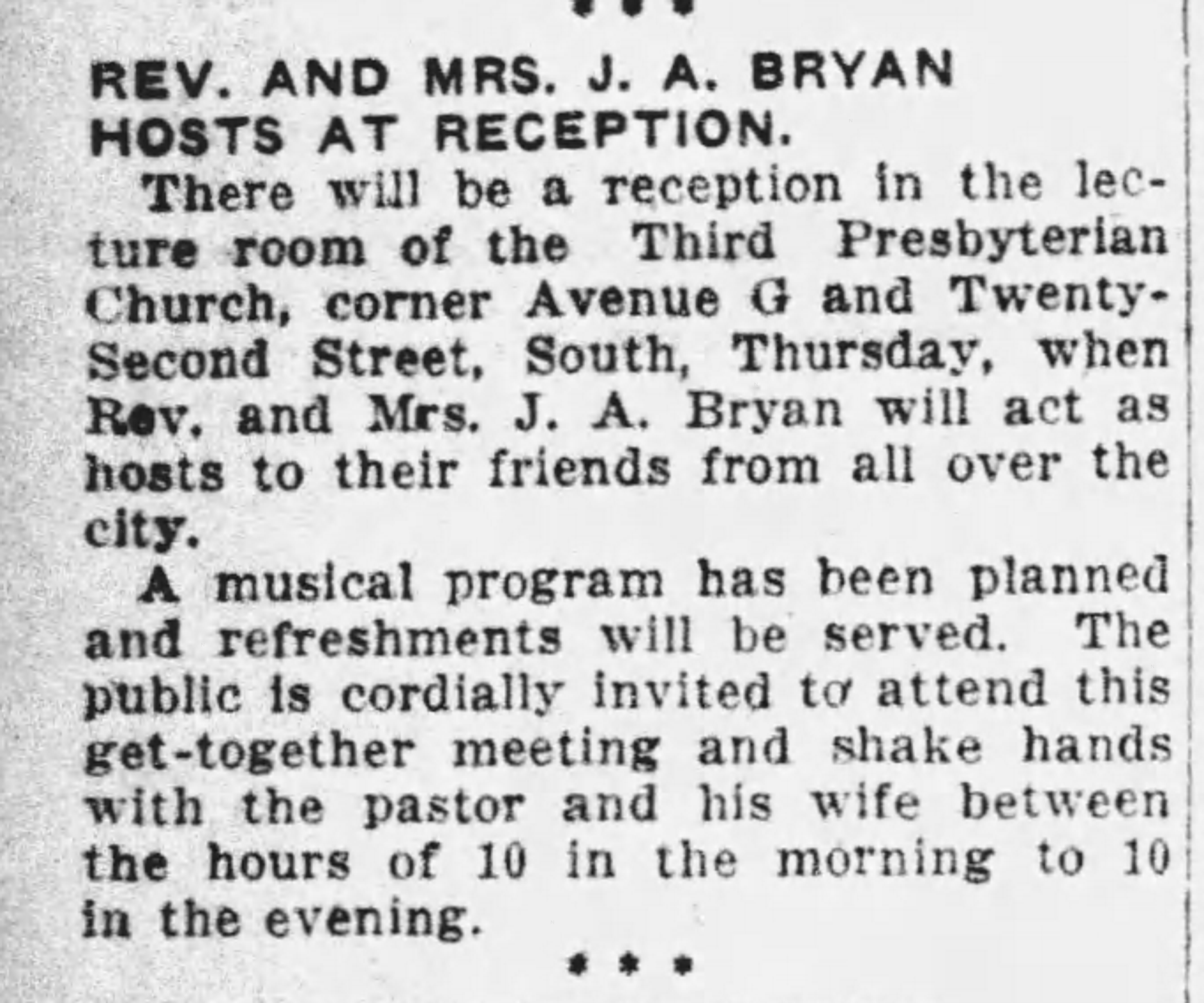 Rev. and Mrs. J.A. Bryan Hosts At Reception